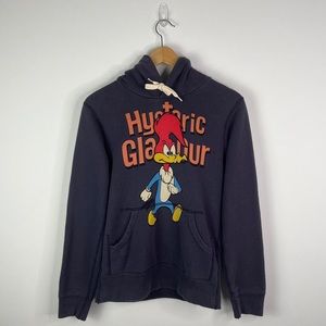 HYSTERIC GLAMOUR WOODY WOODPECKER FADED HOODIE SIZE SMALL BLUE